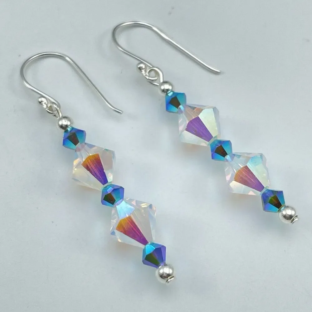 Made With Swarovski Crystals White AB Teal Blue Beaded Sterling Silver Earrings